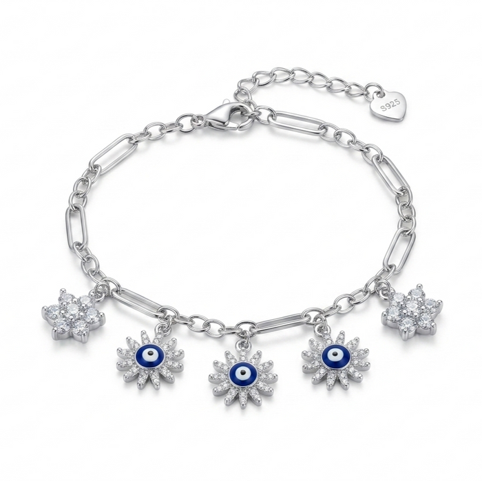 Evil Eye & Crystal Sunburst 925 Sterling Silver Bracelet