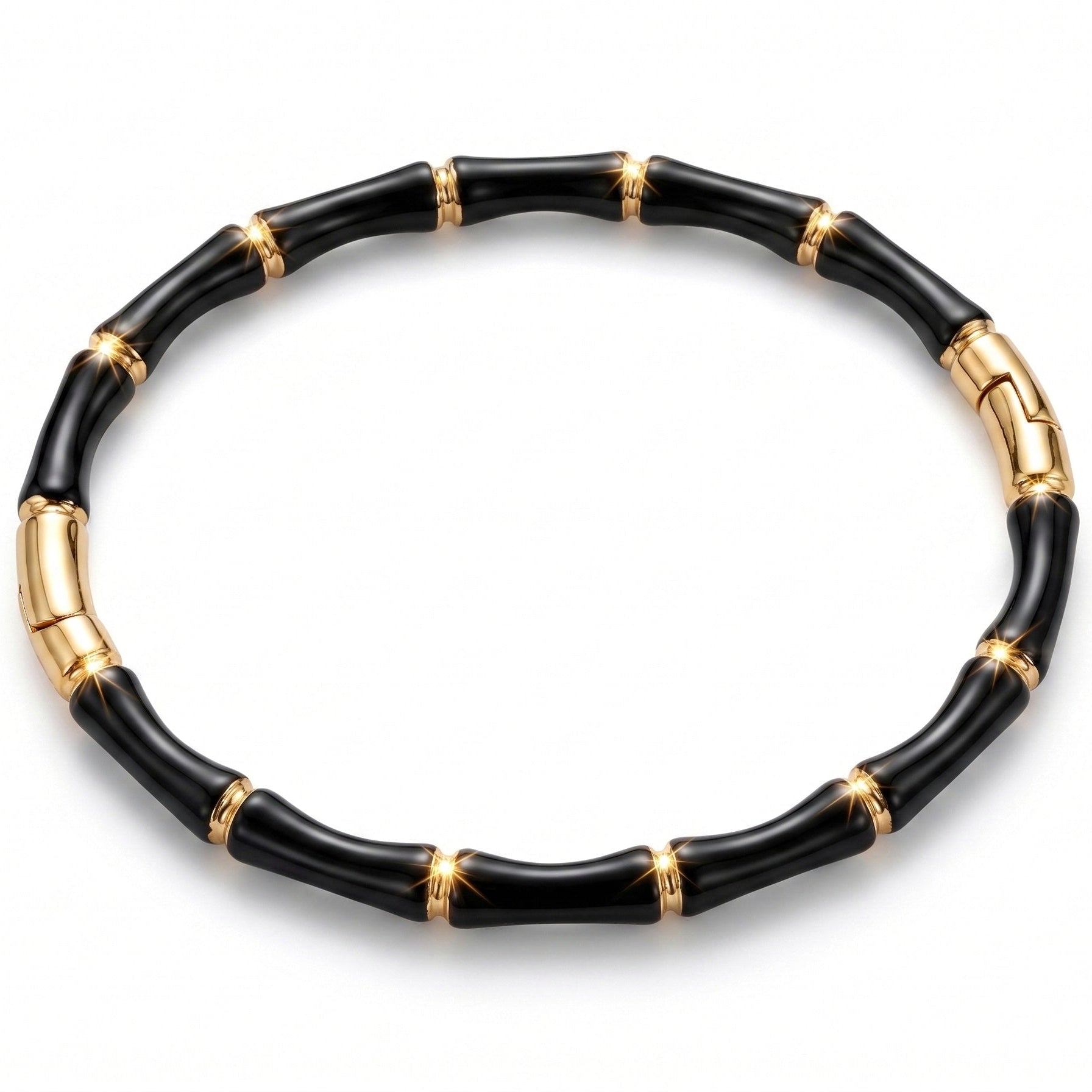 A black and gold beaded bracelet with a bamboo-inspired segmented design, displayed on a clean white background.