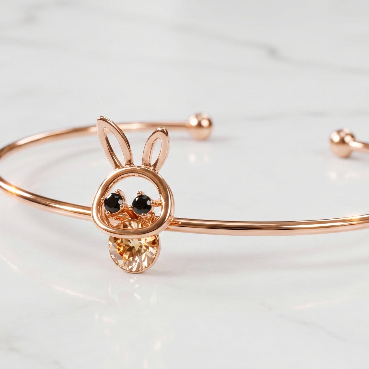Rose Gold Anti-Tarnish Bunny Champagne Crystal Cuff Adjustable Bangle