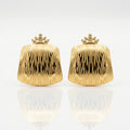 A pair of gold clutch-style earrings with a crown-shaped top and a vertically ribbed, textured body
