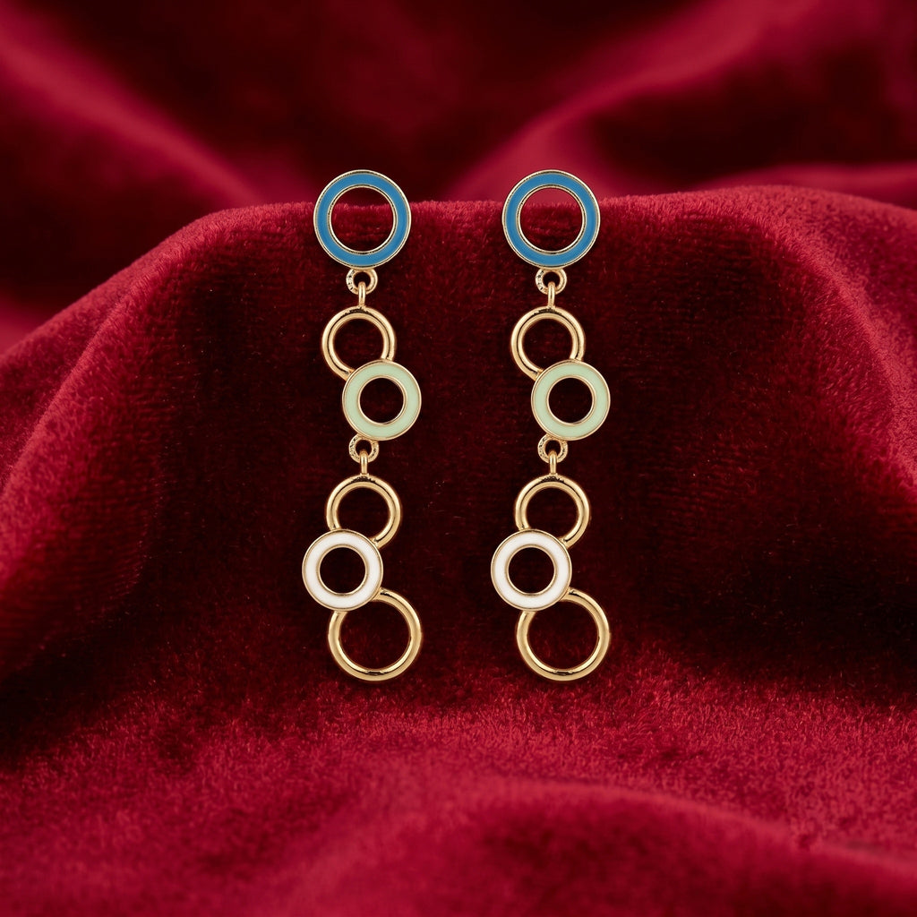 A pair of gold-tone dangle earrings with circular enamel details in blue, pale green, and white