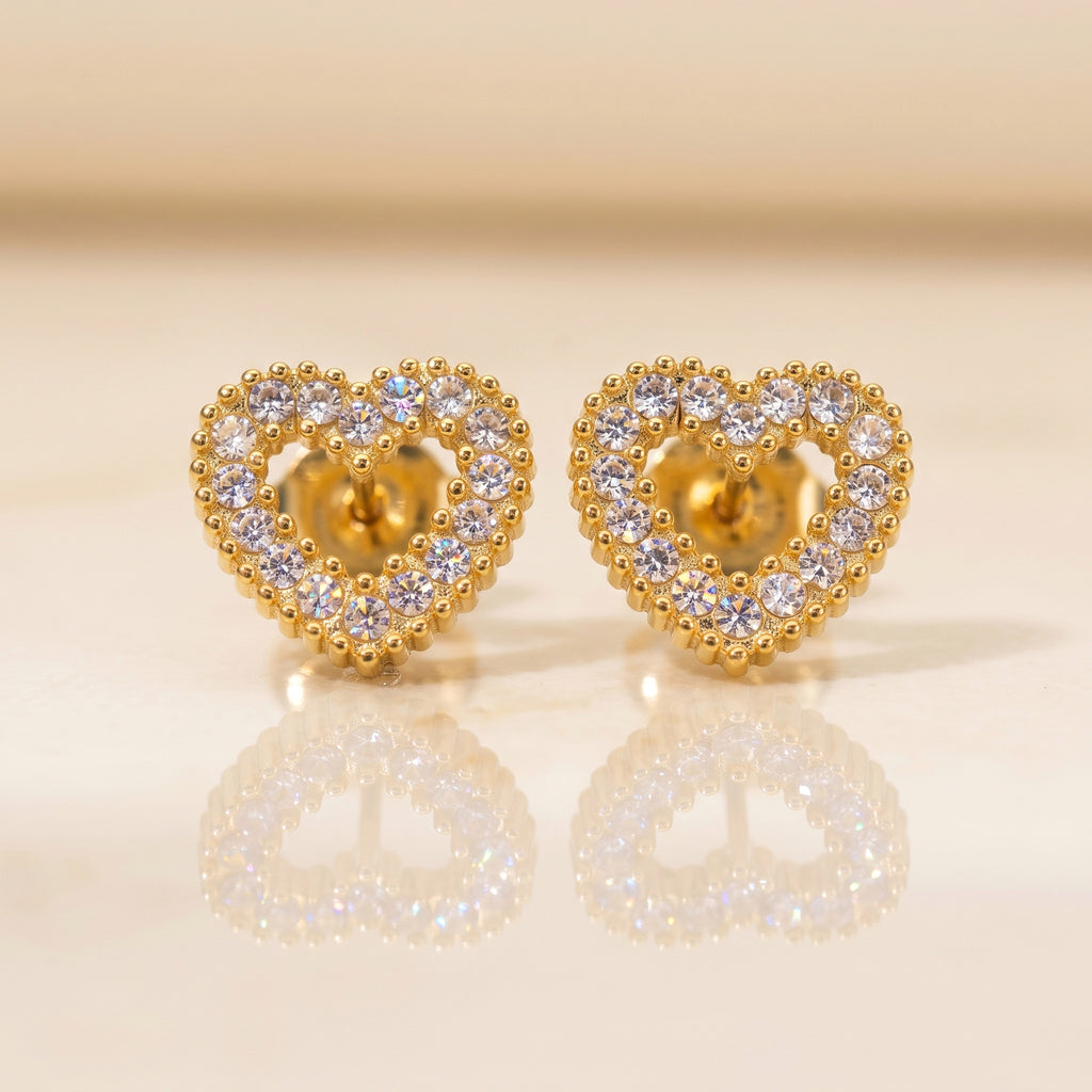 18Kt Gold Plated Pave Open Heart Studs