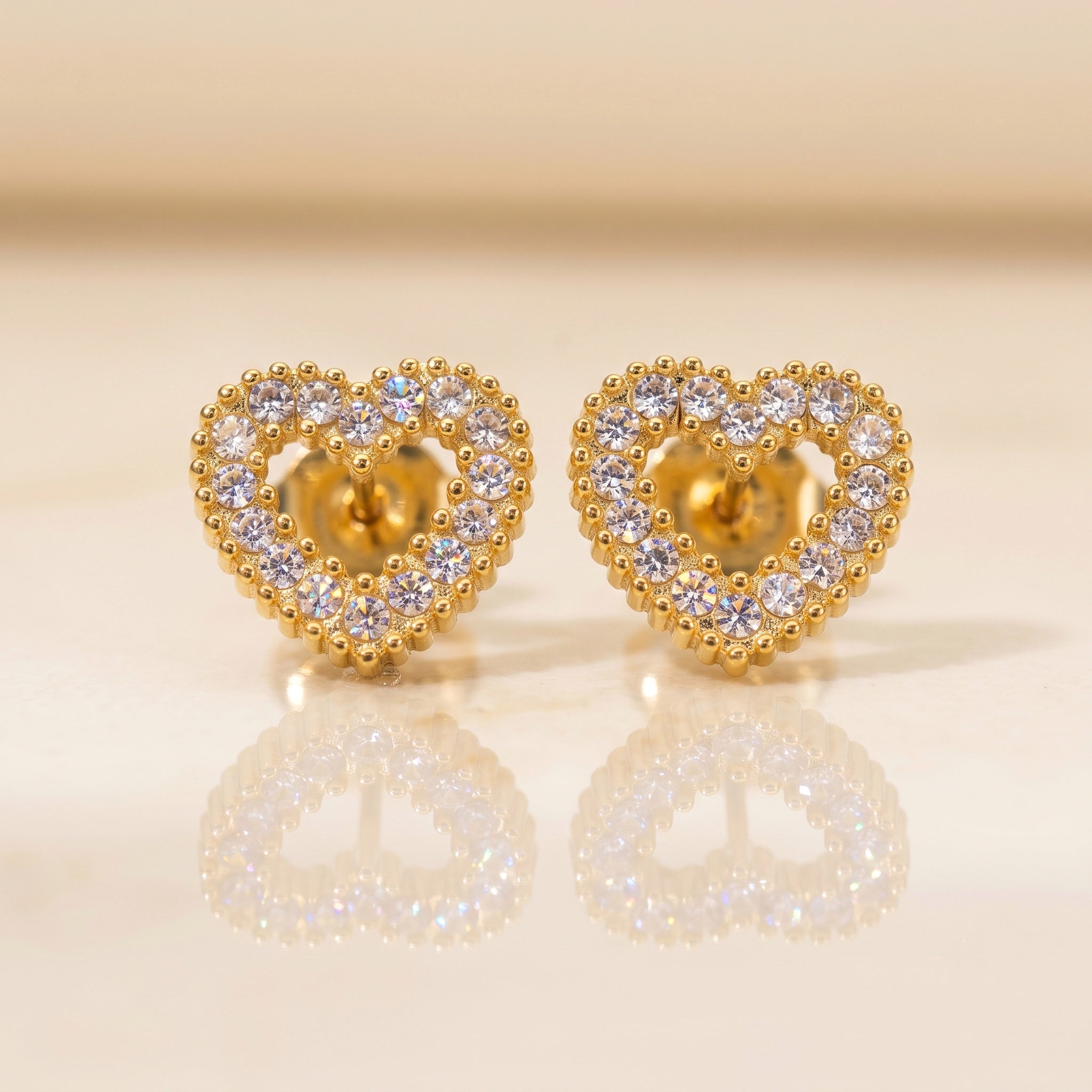 18Kt Gold Plated Pave Open Heart Studs