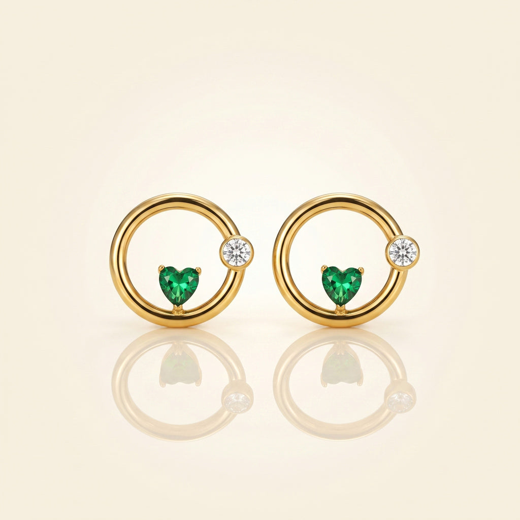 18Kt Gold Plated Open Circle Emerald Heart Studs