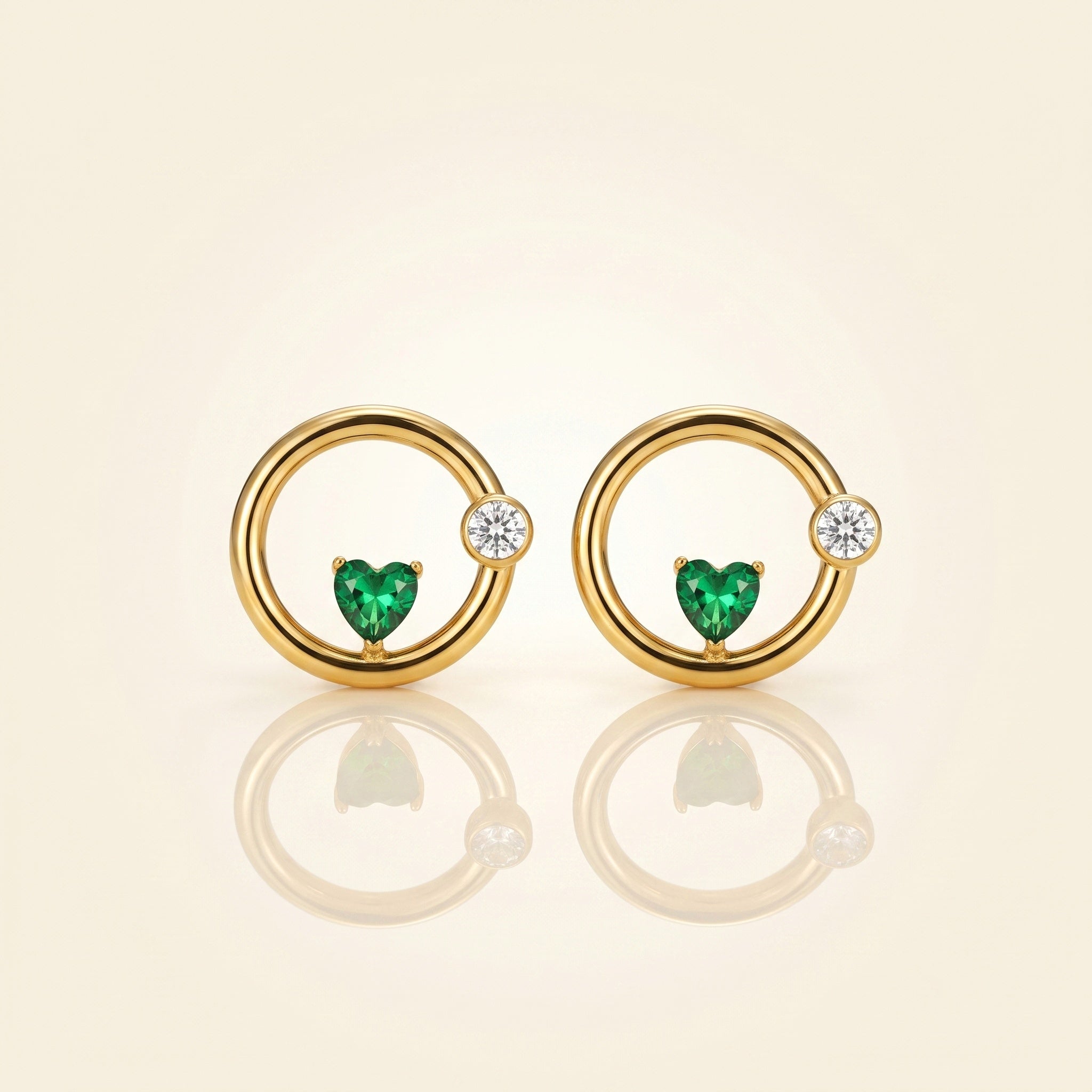 18Kt Gold Plated Open Circle Emerald Heart Studs
