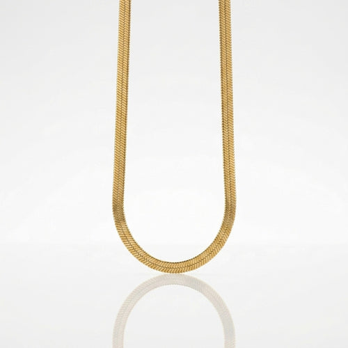 A gold snake chain necklace suspended in a U-shape against a clean white background with a soft reflection below.