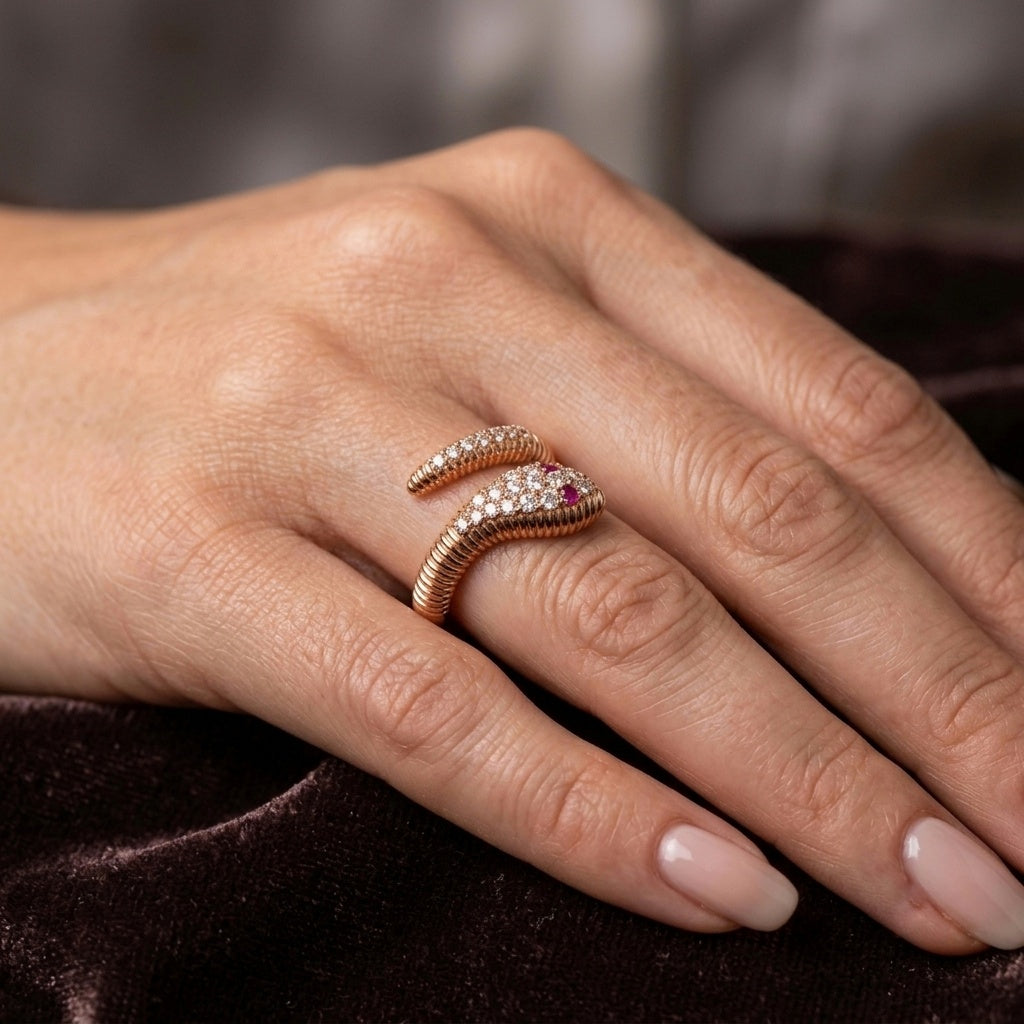 Vintage Rose Gold Ruby-Eyed Crystal Snake Anti-Tarnish Ring