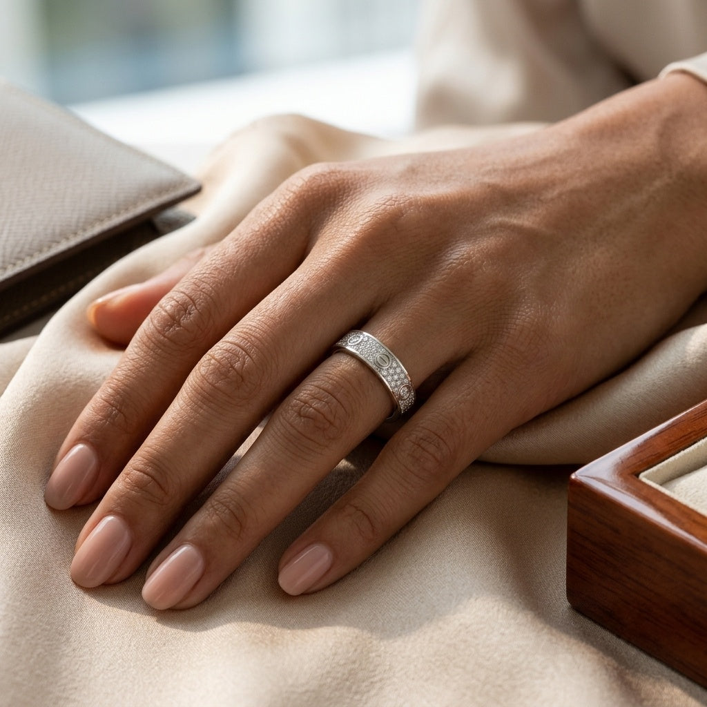 A close-up of a hand wearing a textured silver band ring, resting on soft beige fabric with a blurred jewelry box in the background.