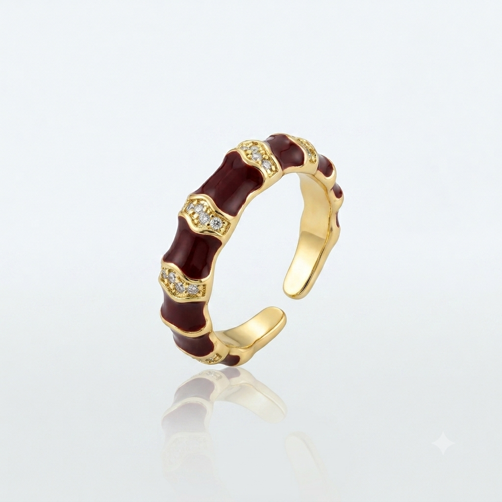 Bamboo Cut Burgundy Enamel 18K Gold Plated Adjustable Ring
