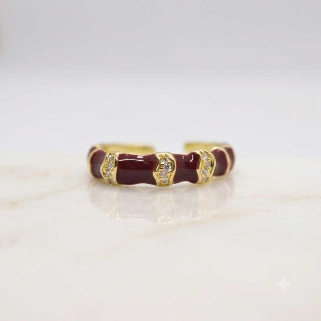 Bamboo Cut Burgundy Enamel 18K Gold Plated Adjustable Ring