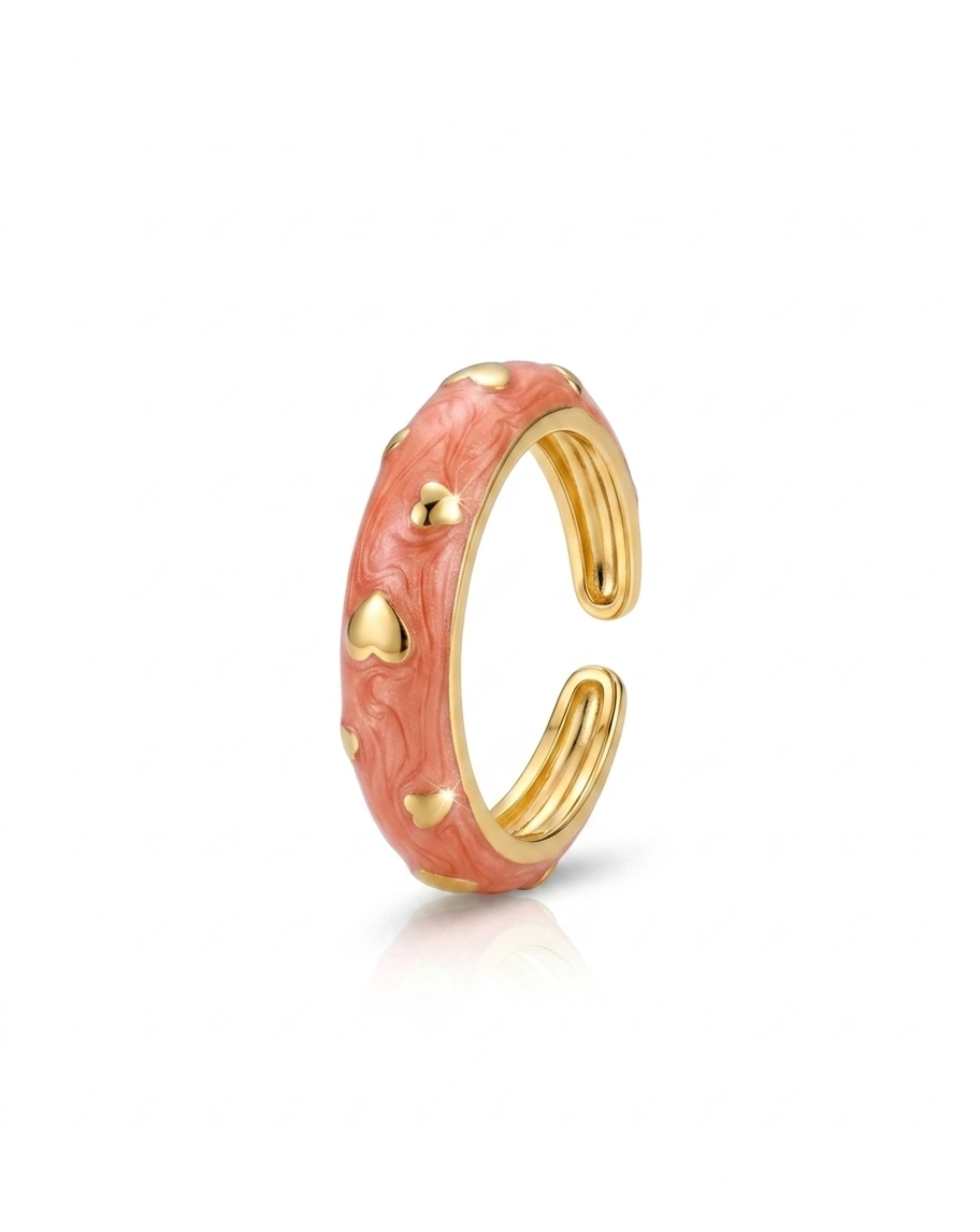 Pink enamel ring with gold heart accents