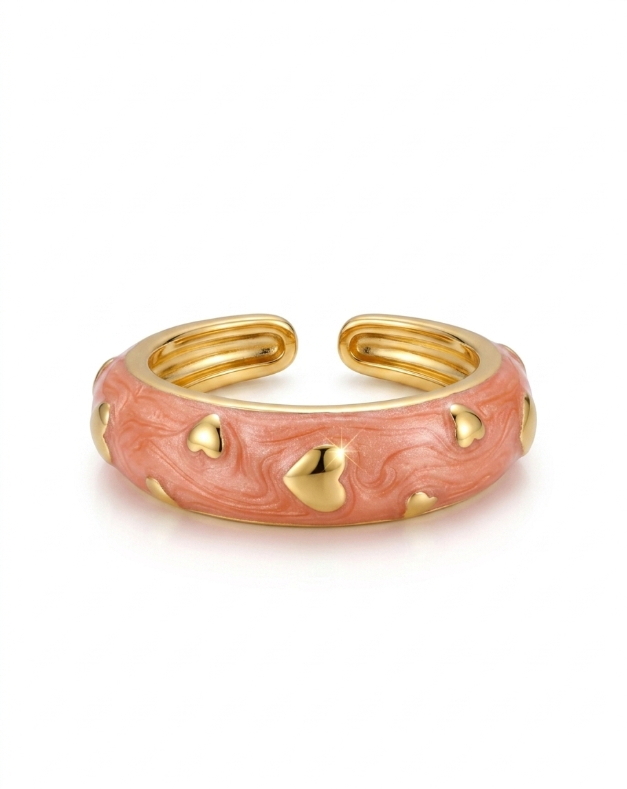Pink enamel ring with gold heart accents