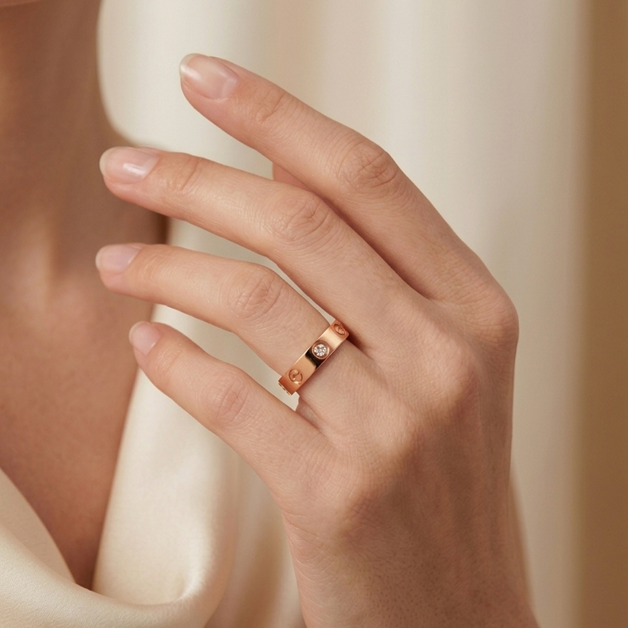 Rose gold ring Rose gold ring with diamond accents and screw pattern on a hand