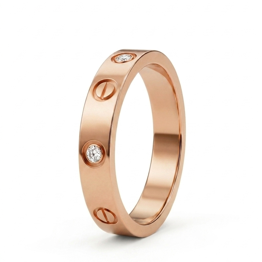 Rose gold ring with diamond accents and screw pattern