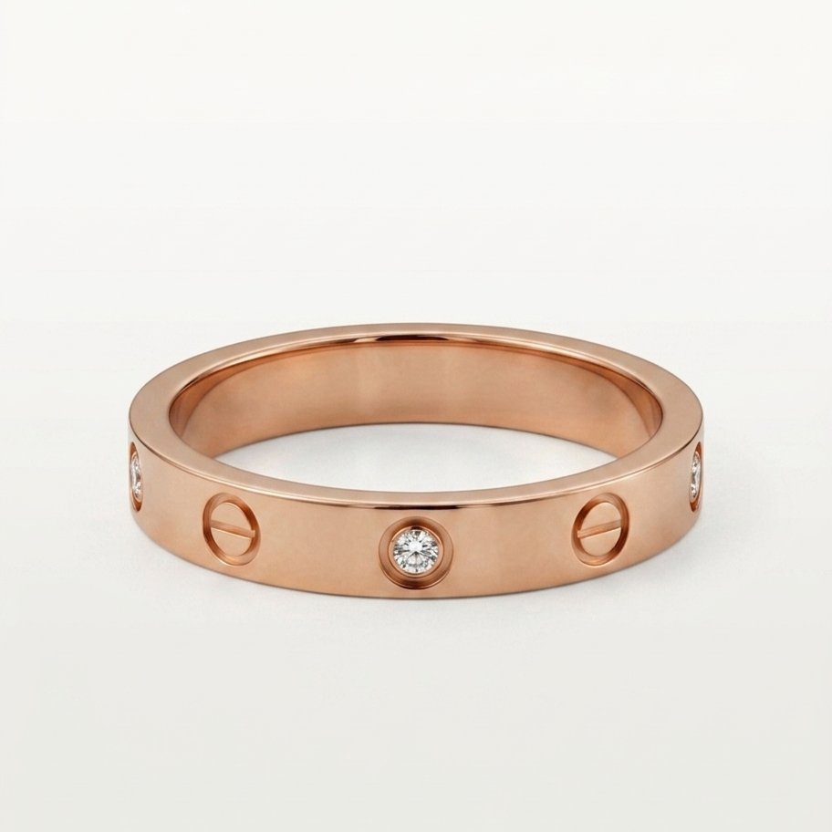 Rose gold ring with diamond accents and screw pattern