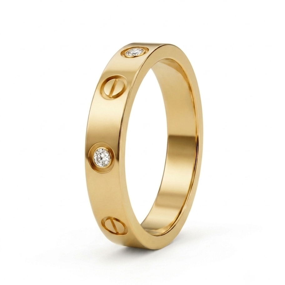 Gold ring with screw pattern with three diamond stones 