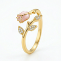 Blushing Tulip Crystal Leaf Anti-Tarnish Adjustable Ring