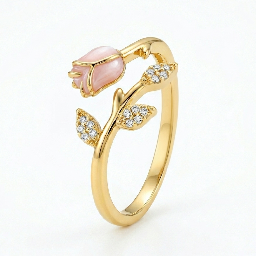 Blushing Tulip Crystal Leaf Anti-Tarnish Adjustable Ring