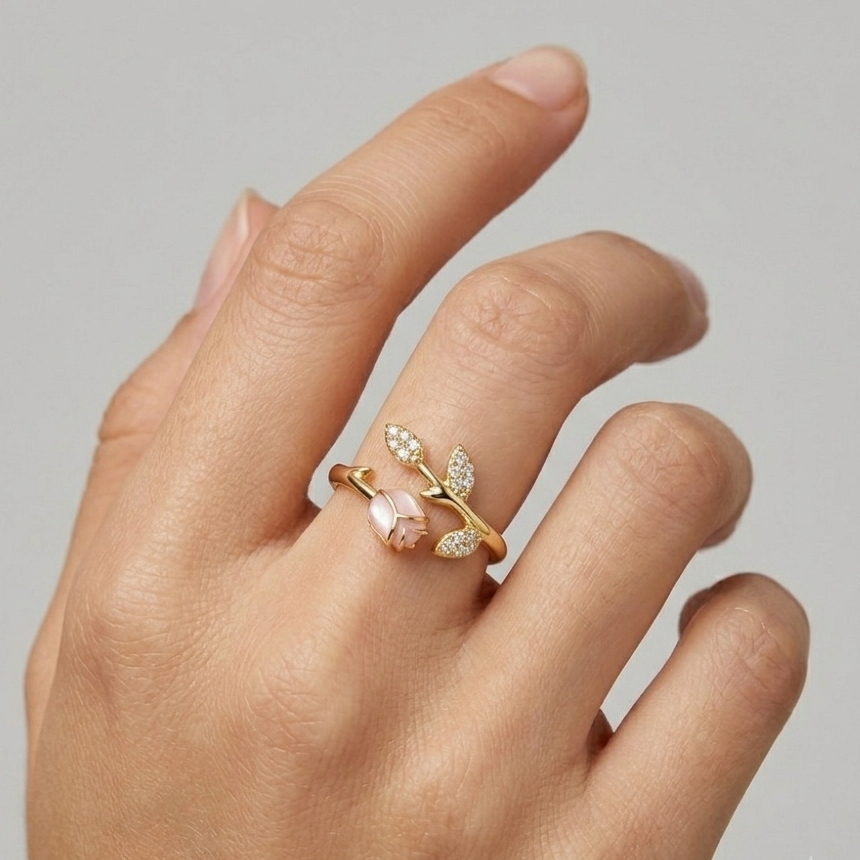 Blushing Tulip Crystal Leaf Anti-Tarnish Adjustable Ring