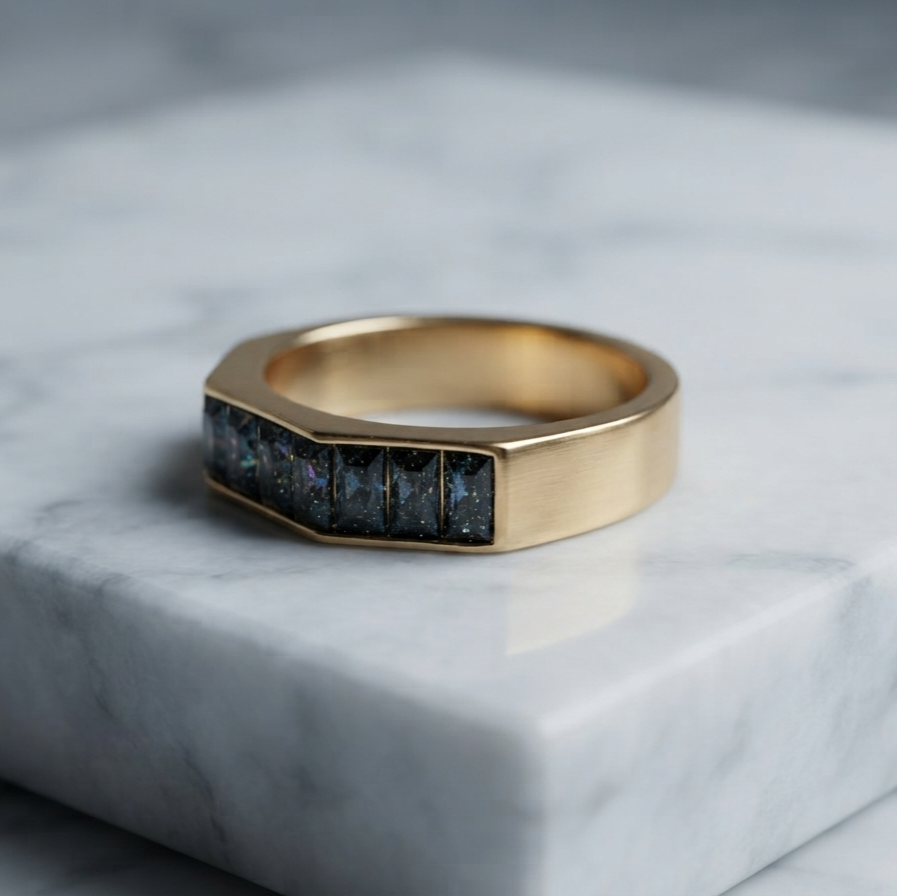 A gold ring with a row of dark blue-gray textured square stones, resting on a white marble block.