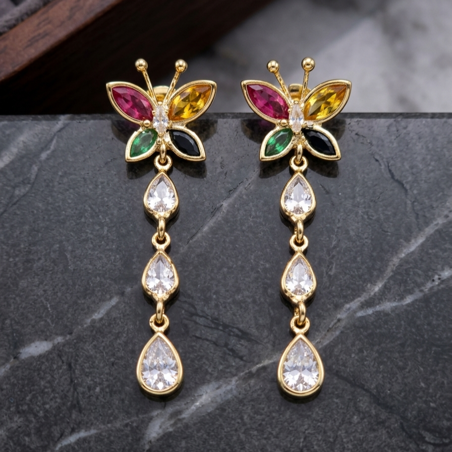 Gemstone Butterfly Teardrop Anti-Tarnish Dangle Earrings