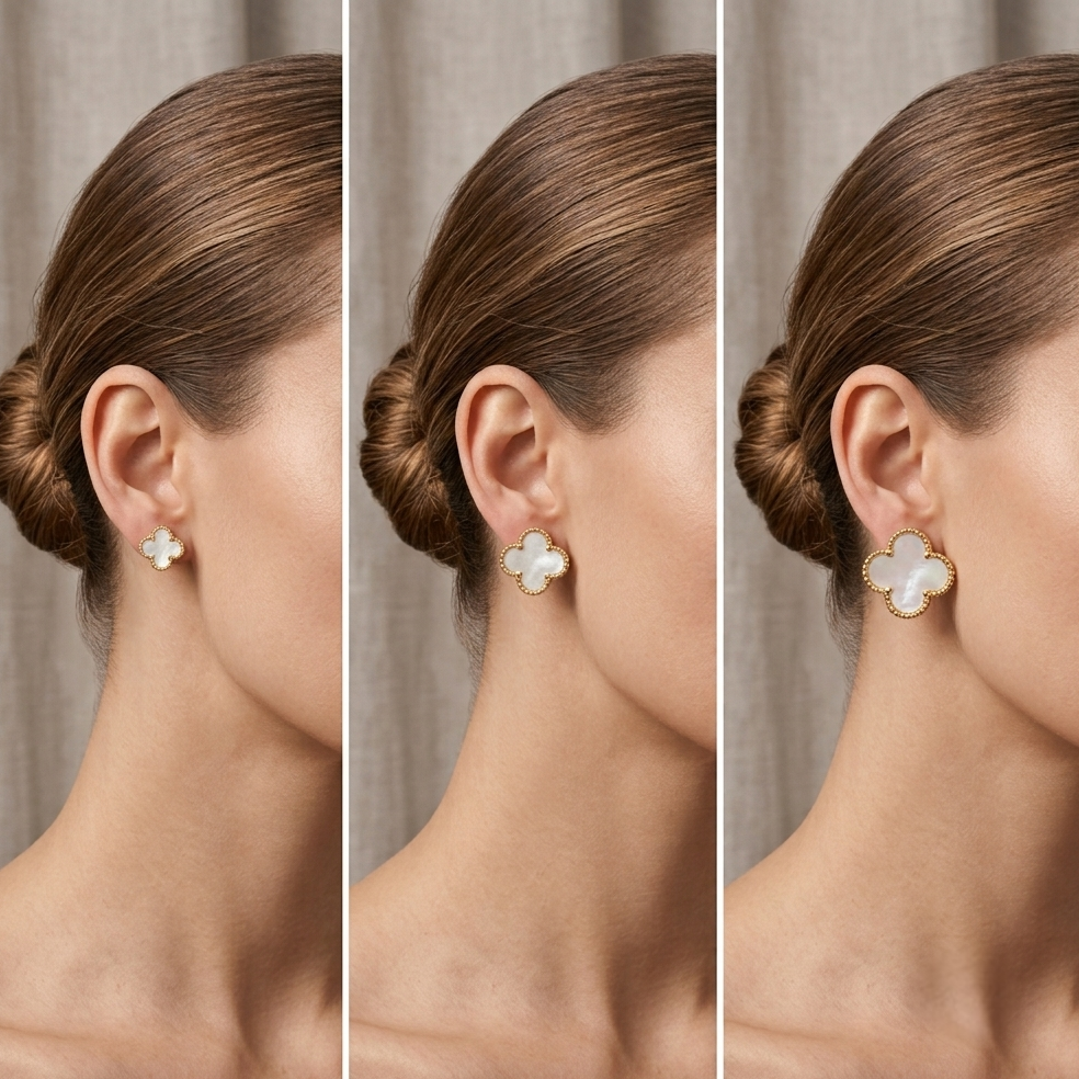 Three close-up side views of a woman wearing a matching four-petal stud earring. The earring has a white mother-of-pearl or opal-like center with a gold-tone border.