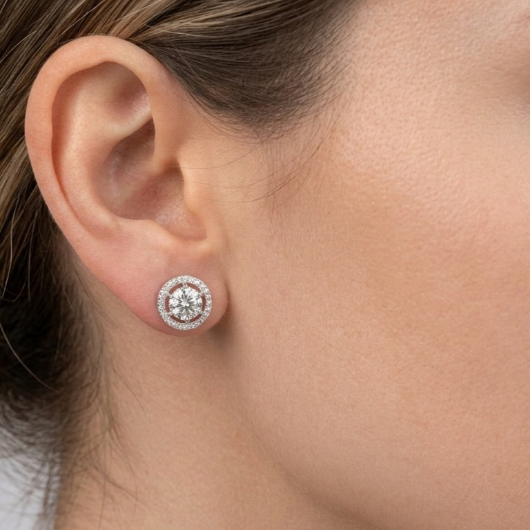 A close-up of a woman's ear wearing a round stud earring with a halo of small clear stones around a central round stone.