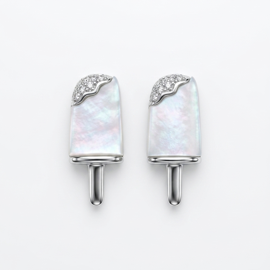 A pair of silver-toned cufflinks designed like popsicles, featuring iridescent white mother-of-pearl rectangular bodies and a curved silver top set with small clear stones, shown on a plain white background.