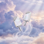 Two silver-toned earrings shaped like popsicles with iridescent white mother-of-pearl tops and small clear crystal accents, floating against a dreamy pastel sky with clouds and sunbeams.