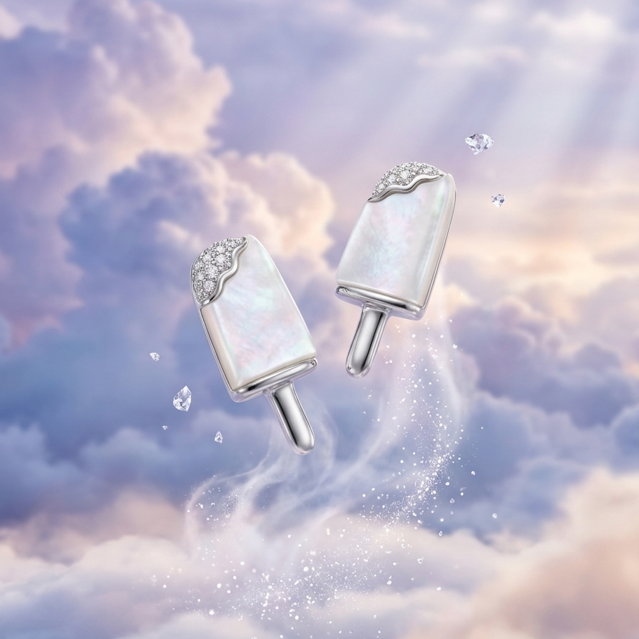 Two silver-toned earrings shaped like popsicles with iridescent white mother-of-pearl tops and small clear crystal accents, floating against a dreamy pastel sky with clouds and sunbeams.