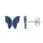 A pair of butterfly stud earrings with blue gemstones in a silver setting, shown from the front and side profile on a white background.