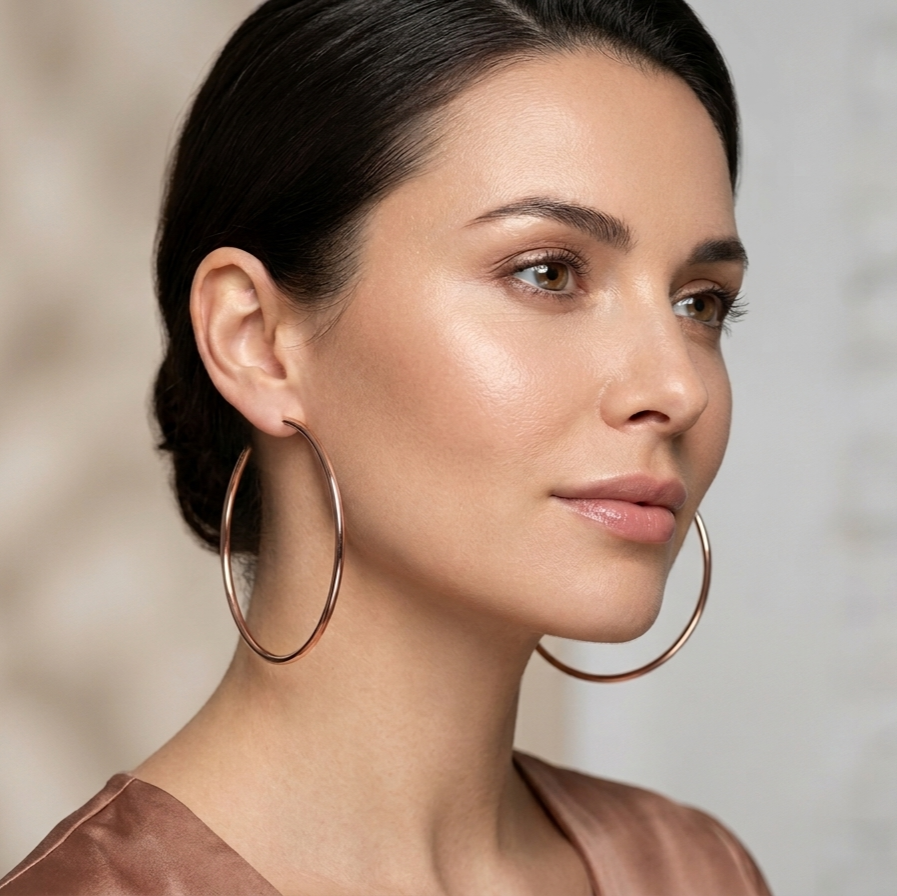 A close-up portrait of a woman wearing large, thin gold hoop earrings, with her dark hair pulled back and a soft neutral background.