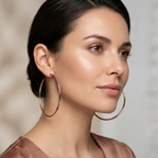 A close-up portrait of a woman wearing large, thin gold hoop earrings, with her dark hair pulled back and a soft neutral background.