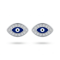 A pair of silver-toned evil eye stud earrings with blue enamel centers, white and black details, and clear pavé stones around the eyes, shown on a white background.