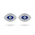 A pair of silver-toned evil eye stud earrings with blue enamel centers, white and black details, and clear pavé stones around the eyes, shown on a white background.