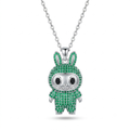 A silver pendant necklace featuring a cartoon bunny character encrusted with green stones, suspended from a silver chain against a white background.