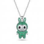 A silver pendant necklace featuring a cartoon bunny character encrusted with green stones, suspended from a silver chain against a white background.