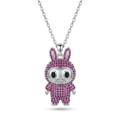 A silver bunny pendant necklace on a delicate silver chain, featuring a silver bunny body encrusted with sparkling pink gemstones, set against a clean white background.