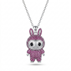 A silver bunny pendant necklace on a delicate silver chain, featuring a silver bunny body encrusted with sparkling pink gemstones, set against a clean white background.