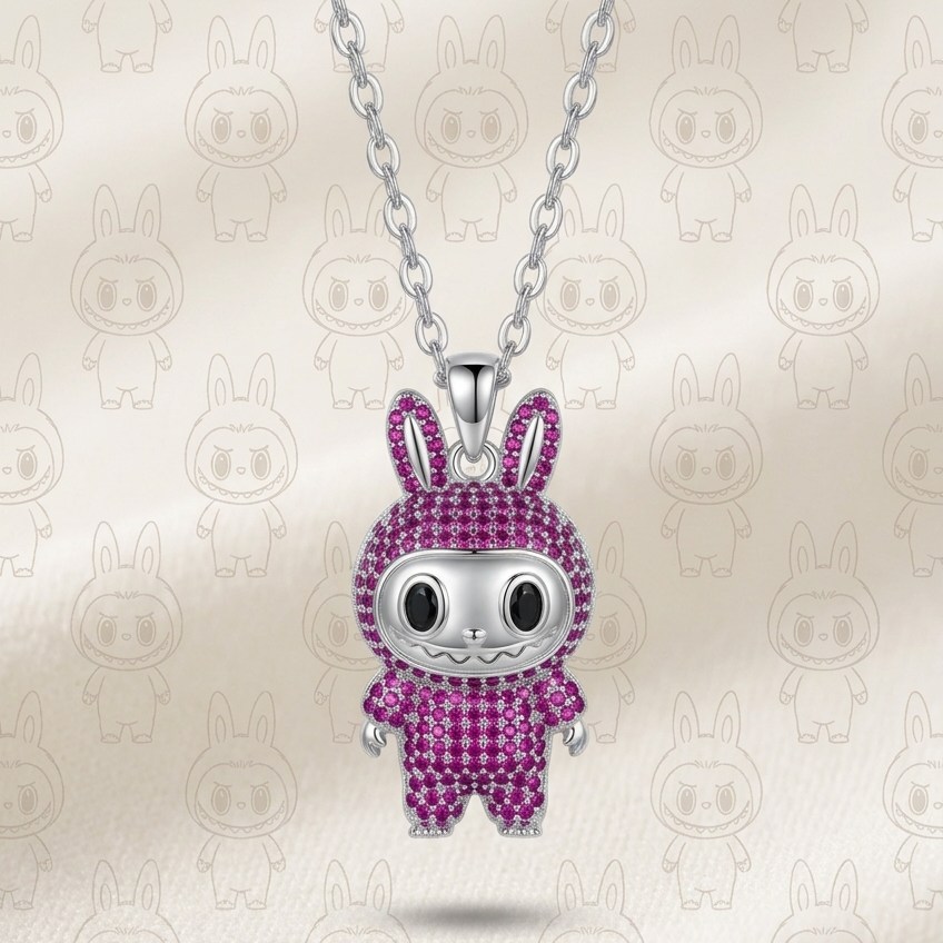 A silver bunny pendant necklace covered in pink rhinestones, hanging from a silver chain against a light beige background with a faint repeating bunny pattern.