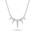 A silver-toned spike necklace featuring three pointed spikes on a delicate link chain, with the center spike adorned with small clear stones, shown against a plain white background.