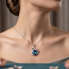 A close-up of a woman's neck and upper chest wearing a delicate silver-toned necklace with a swan pendant. The pendant features a dark blue heart-shaped center stone surrounded by small clear stones, with a curved neck detail.