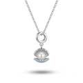 A silver chain necklace featuring a pendant shaped like an open clam shell. The pendant has a silver-toned metal frame, a white pearl in the center, and light blue enamel detailing along the bottom edge, set against a plain white background with a soft shadow below.