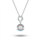 A silver chain necklace featuring a pendant shaped like an open clam shell. The pendant has a silver-toned metal frame, a white pearl in the center, and light blue enamel detailing along the bottom edge, set against a plain white background with a soft shadow below.