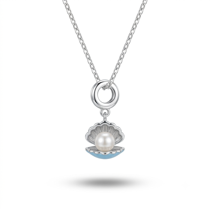 A silver chain necklace featuring a pendant shaped like an open clam shell. The pendant has a silver-toned metal frame, a white pearl in the center, and light blue enamel detailing along the bottom edge, set against a plain white background with a soft shadow below.