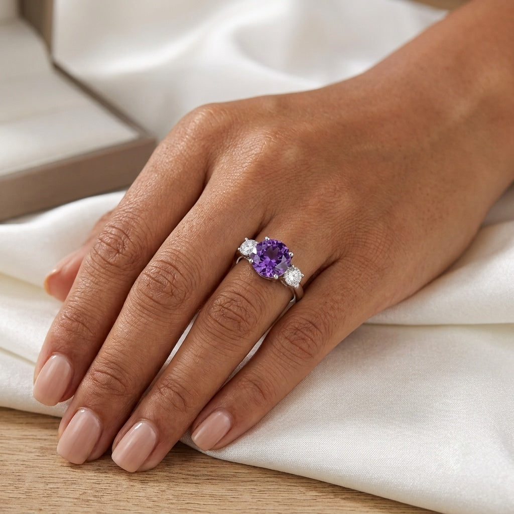 A close-up of a hand wearing a silver ring with a central round purple gemstone and small clear accent stones, resting on white satin fabric over a light wood surface.