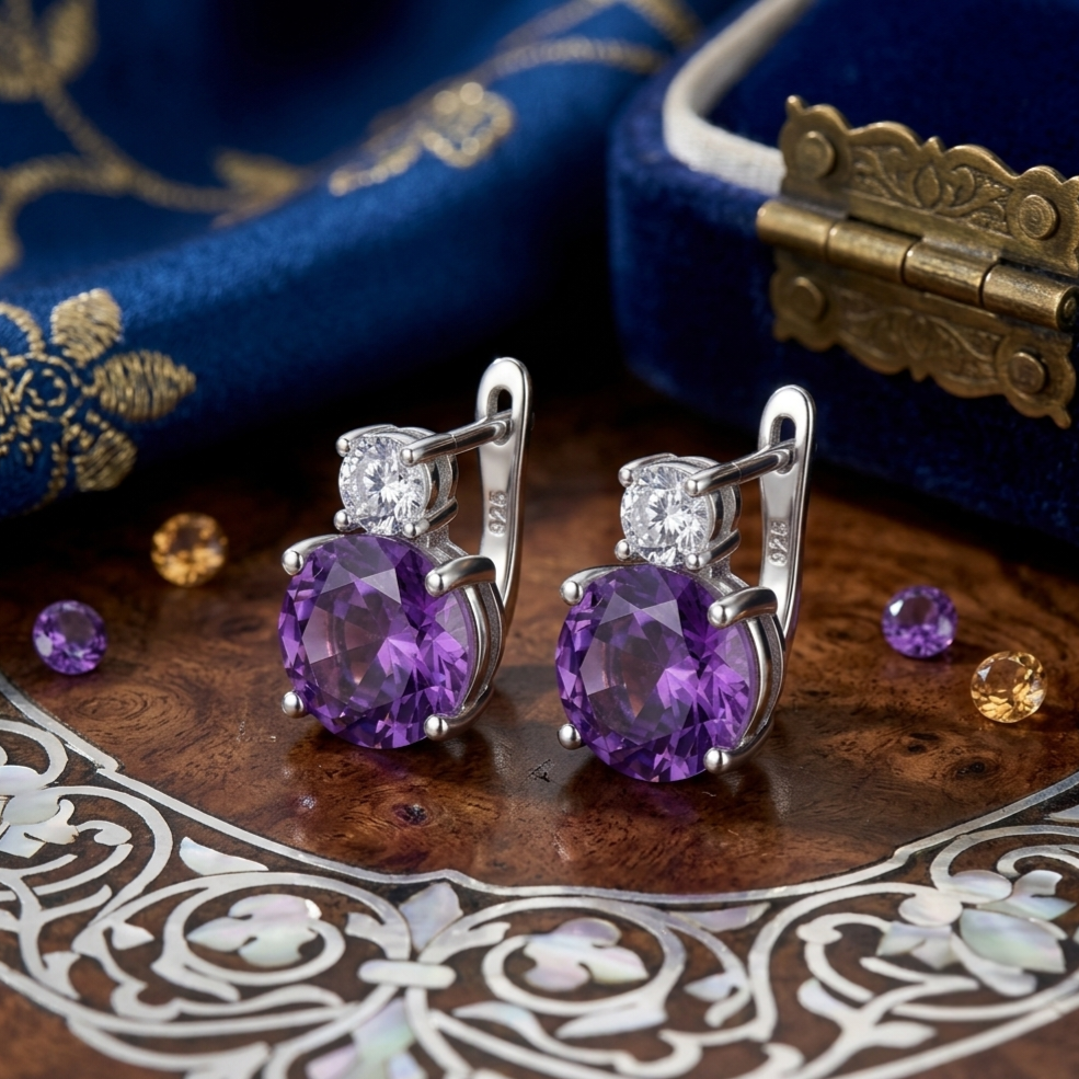 A pair of silver-toned hoop earrings with large round purple gemstones and small clear stones, displayed on a decorative wooden surface with blue velvet jewelry box fabric in the background.