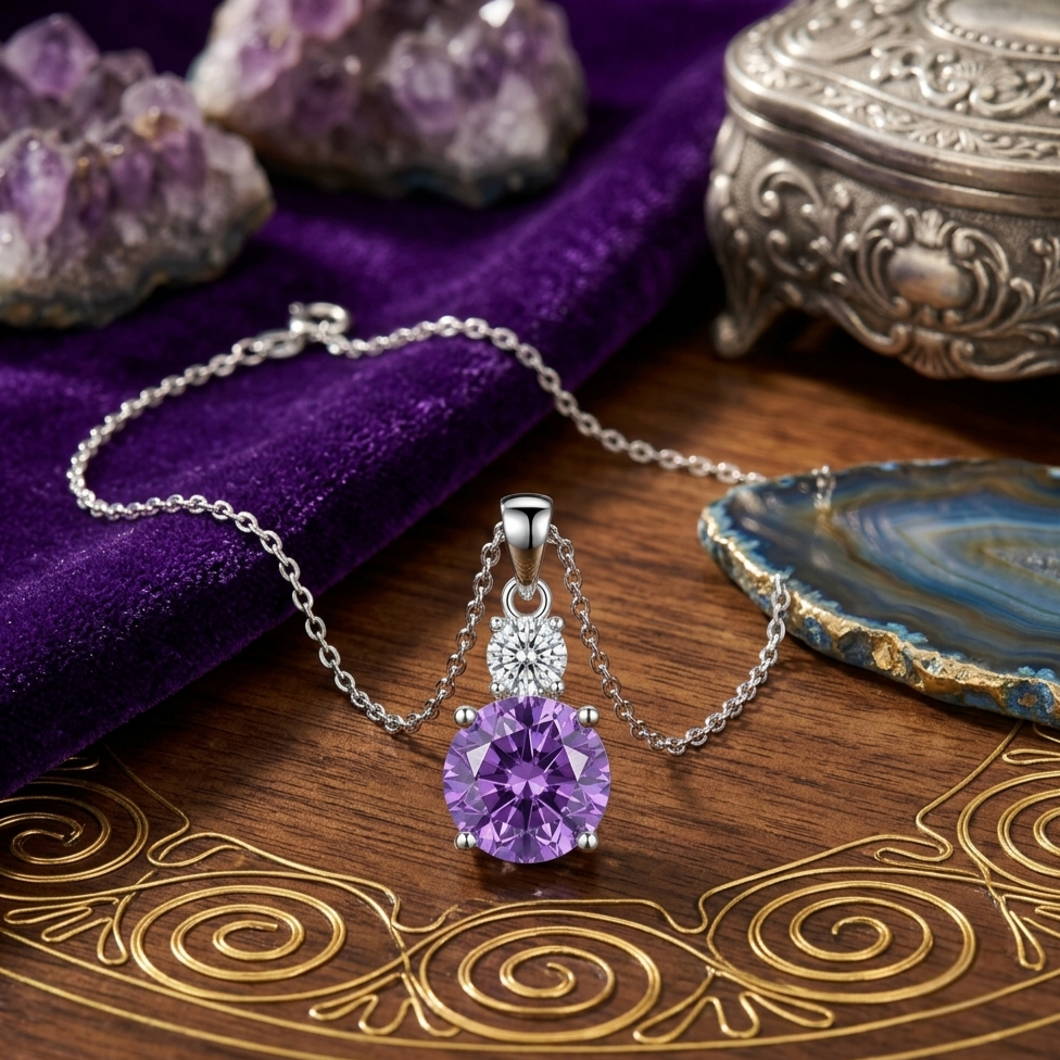 A silver pendant necklace with a large round purple gemstone and a smaller clear stone beside it, displayed on a wooden surface with purple fabric, crystals, and a silver box in the background.