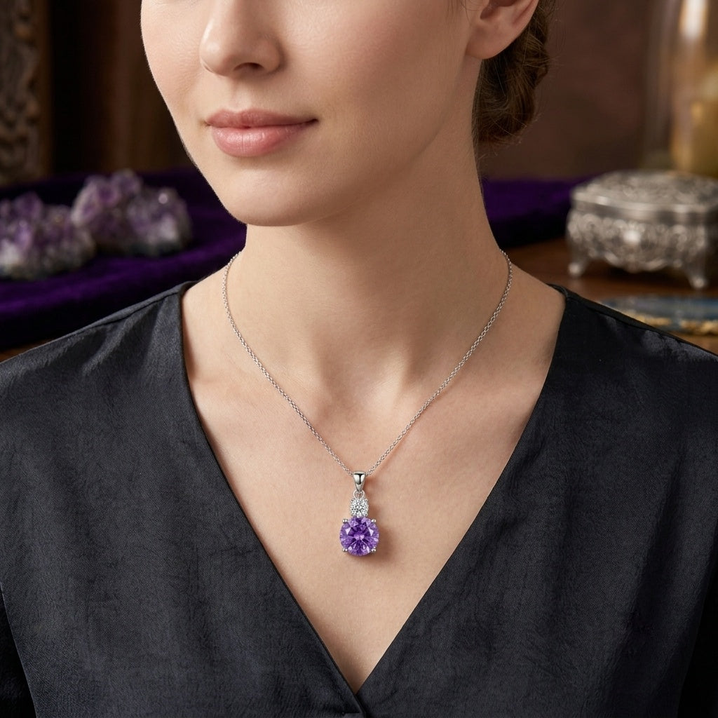 A close-up lifestyle shot of a model wearing a silver chain necklace with a teardrop-shaped purple gemstone pendant, styled with a black satin V-neck top.