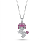 A silver-tone poodle pendant necklace on a white background. The poodle is decorated with clear pavé stones, with its hair and tail tips highlighted in pink pavé stones.
